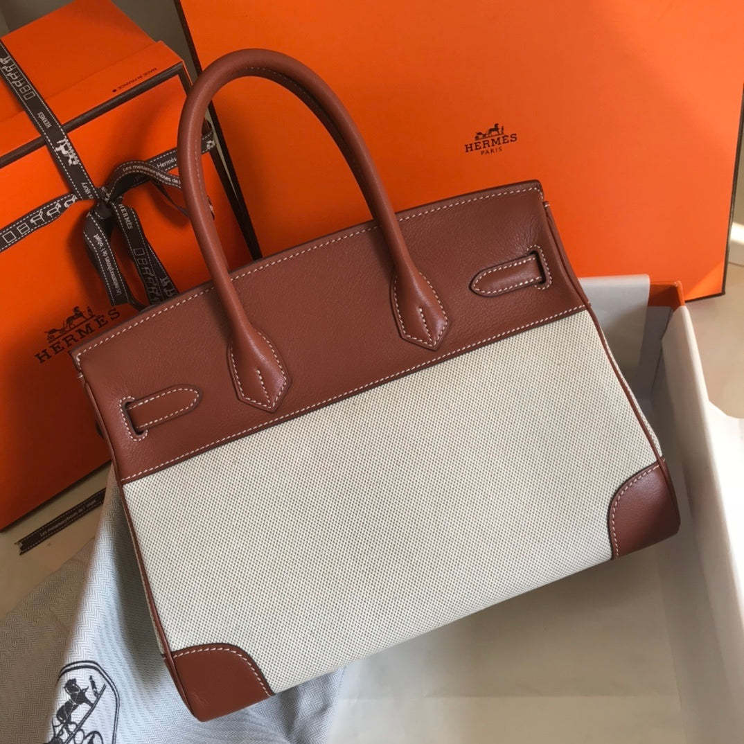 HM Birkin Bag Toile and Brown Barenia with Gold Hardware For Women, Handbags, Shoulder Bags 30cm/12in