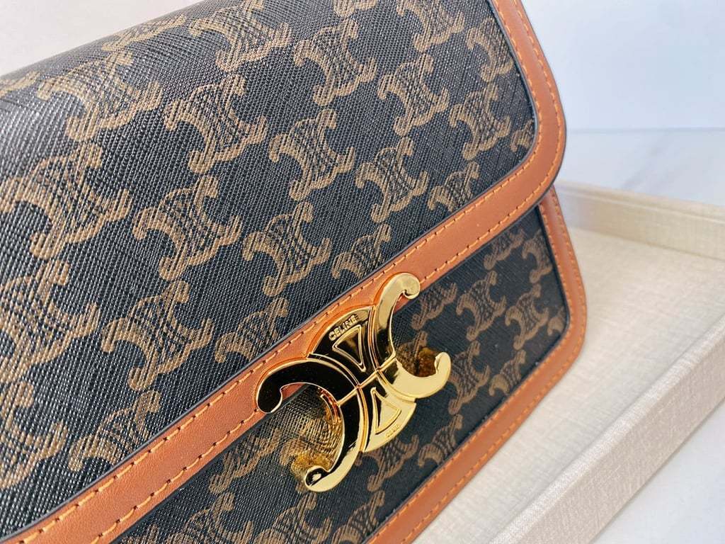 CE CLASSIQUE TRIOMPHE BAG IN TRIOMPHE CANVAS AND CALFSKIN TAN 22CM