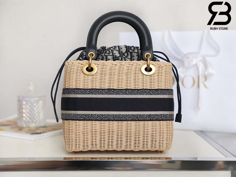 DIR NATURAL WICKER AND BLUE DIR OBLIQUE JACQUARD BAG