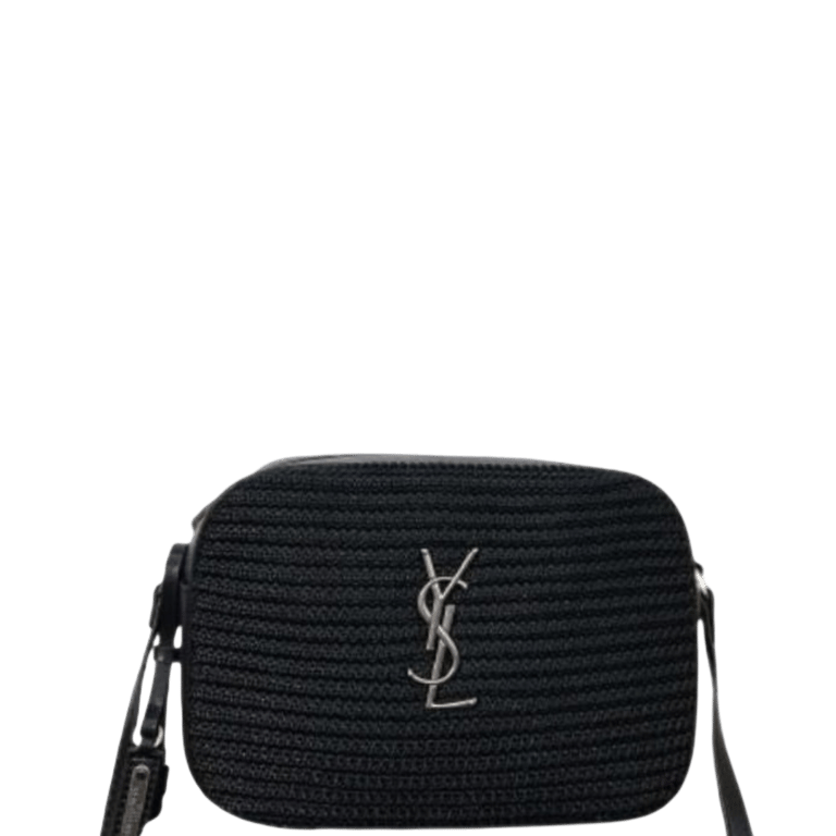 SAINT LAURENT LOU CAMERA BAG IN RAFFIA AND SMOOTH LEATHER BLACK 24CM
