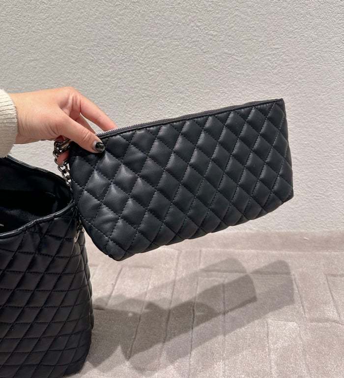 SAINT LAURENT ICARE SHOPPING BAG IN QUILTED LAMBSKIN BLACK SILVER 40CM
