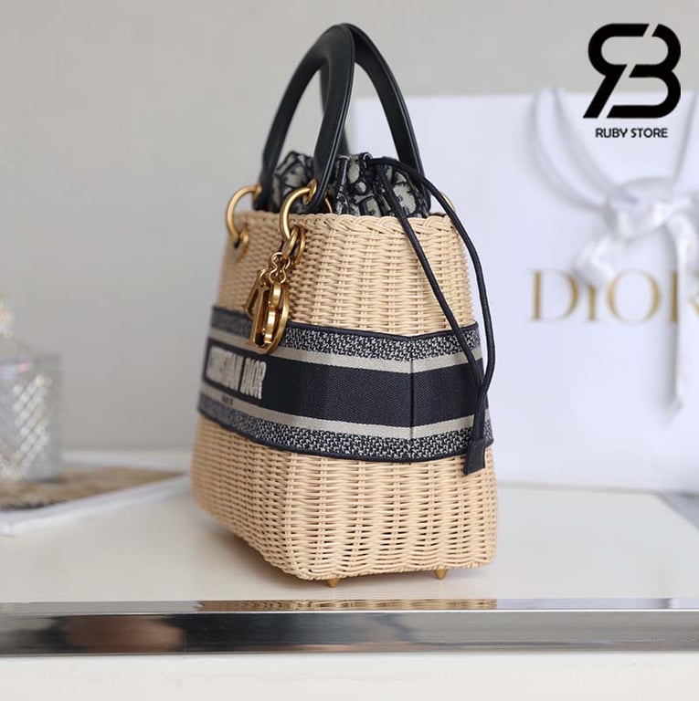 DIR NATURAL WICKER AND BLUE DIR OBLIQUE JACQUARD BAG