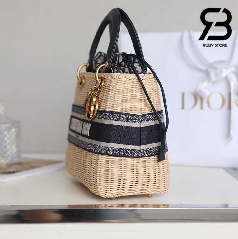 DIR NATURAL WICKER AND BLUE DIR OBLIQUE JACQUARD BAG