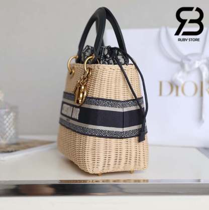 DIR NATURAL WICKER AND BLUE DIR OBLIQUE JACQUARD BAG