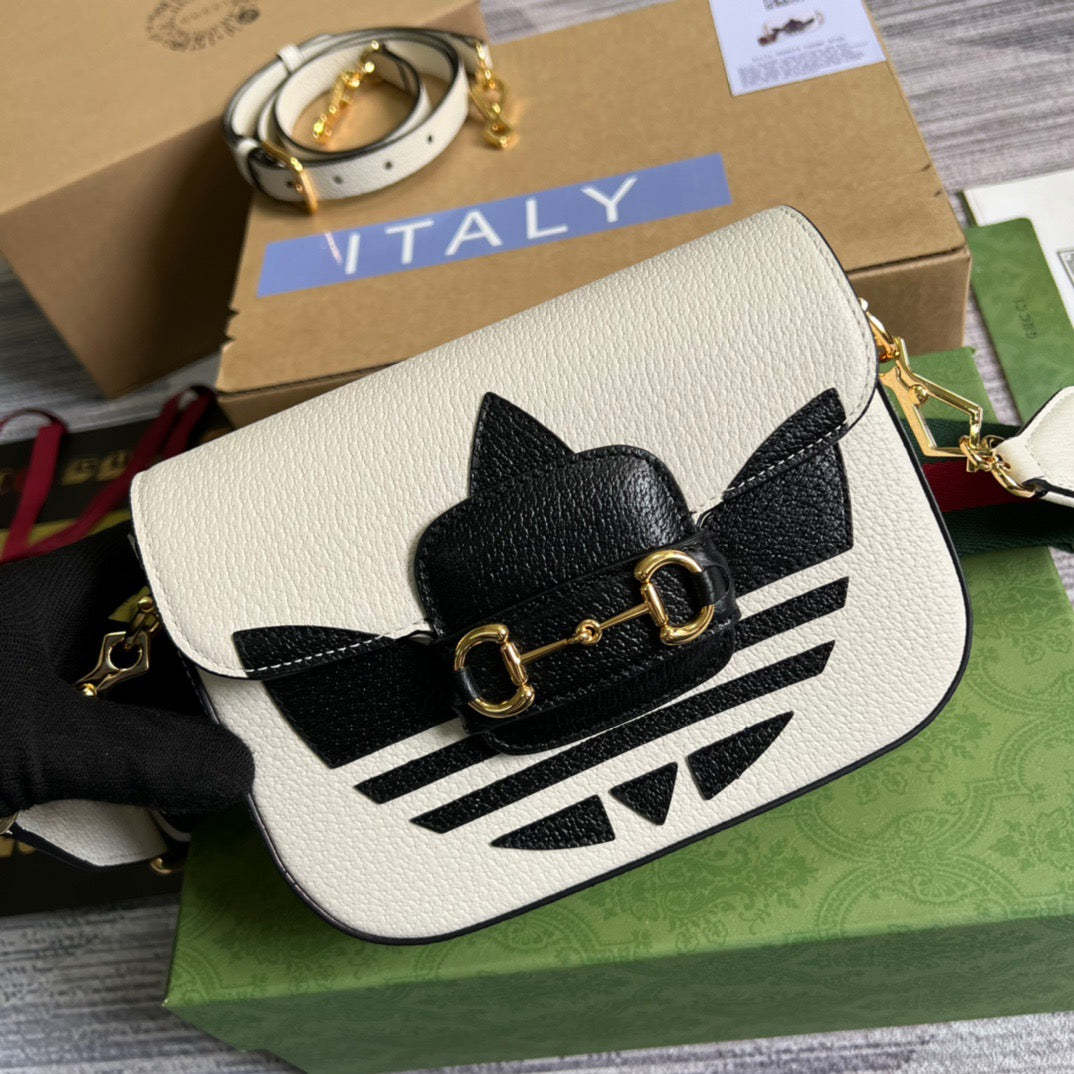 gg x Adidas Horsebit 1955 Mini Bag White For Women, Women&#8217;s Bags 8.1in/21cm gg 658574 U3ZDG 8727