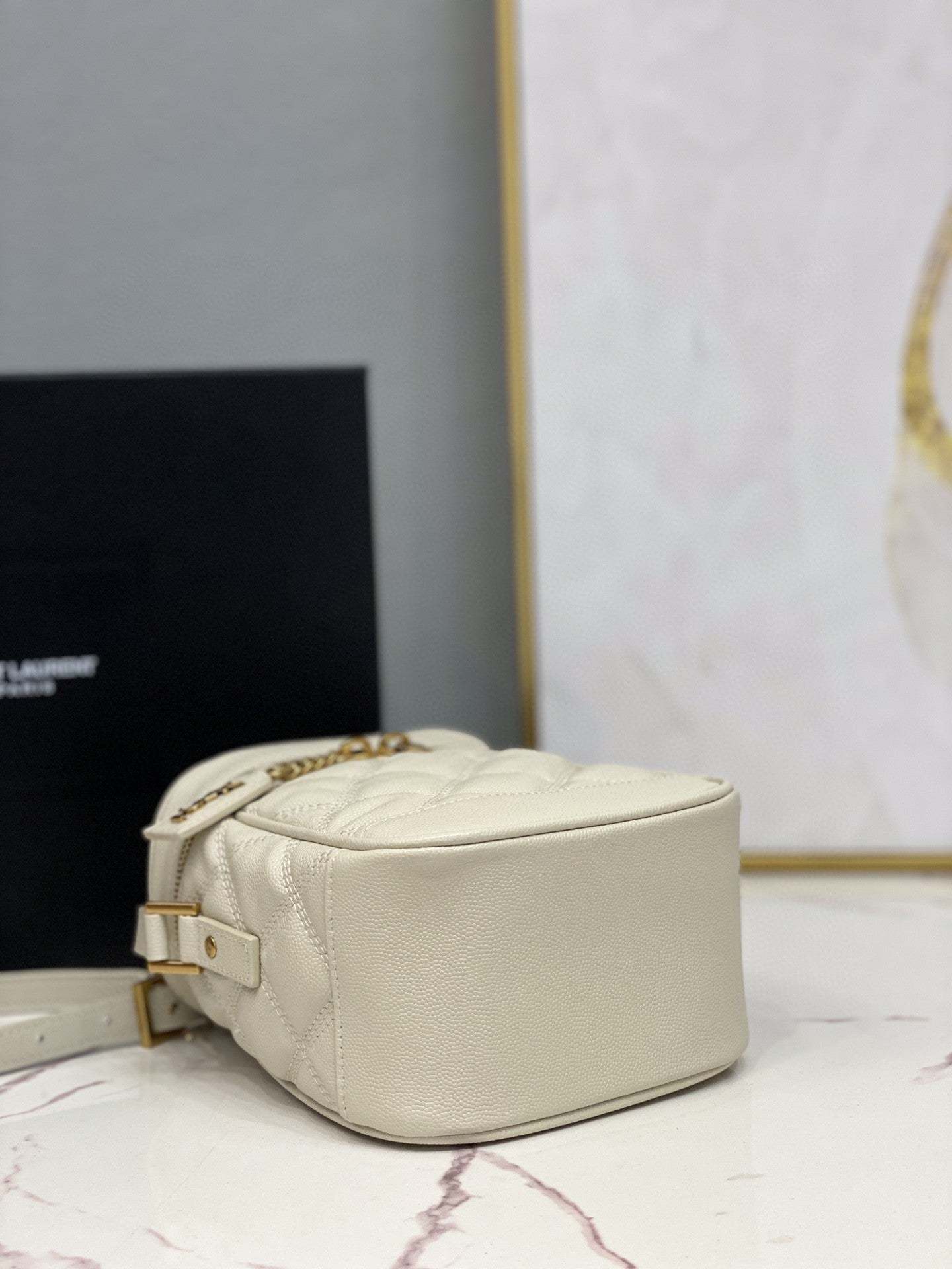 YSSL 80’s Vanity Bag In Carré-Quilted Grain De Poudre White For Women 6.4in/16.5cm YSL 649779DME279207