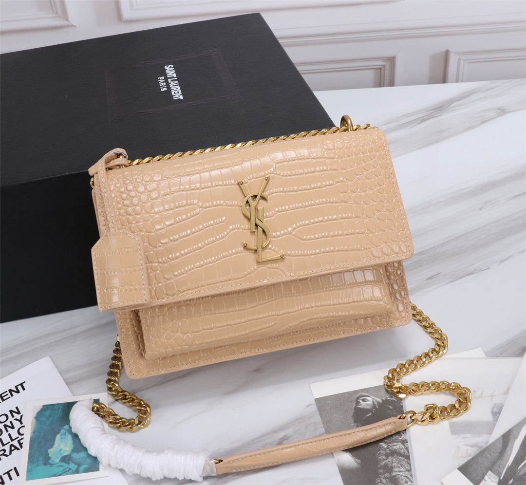 YSL SUNSET MEDIUM CHAIN BAG IN CROCODILE EMBOSSED SHINY APRICOT 22CM 442906DND0N9207