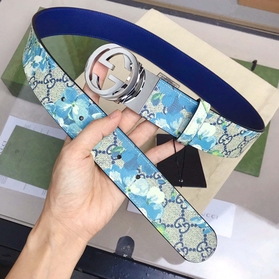 GG'S SILVER BUCKLE BLUE SAKORA FLOWER BELT 4CM