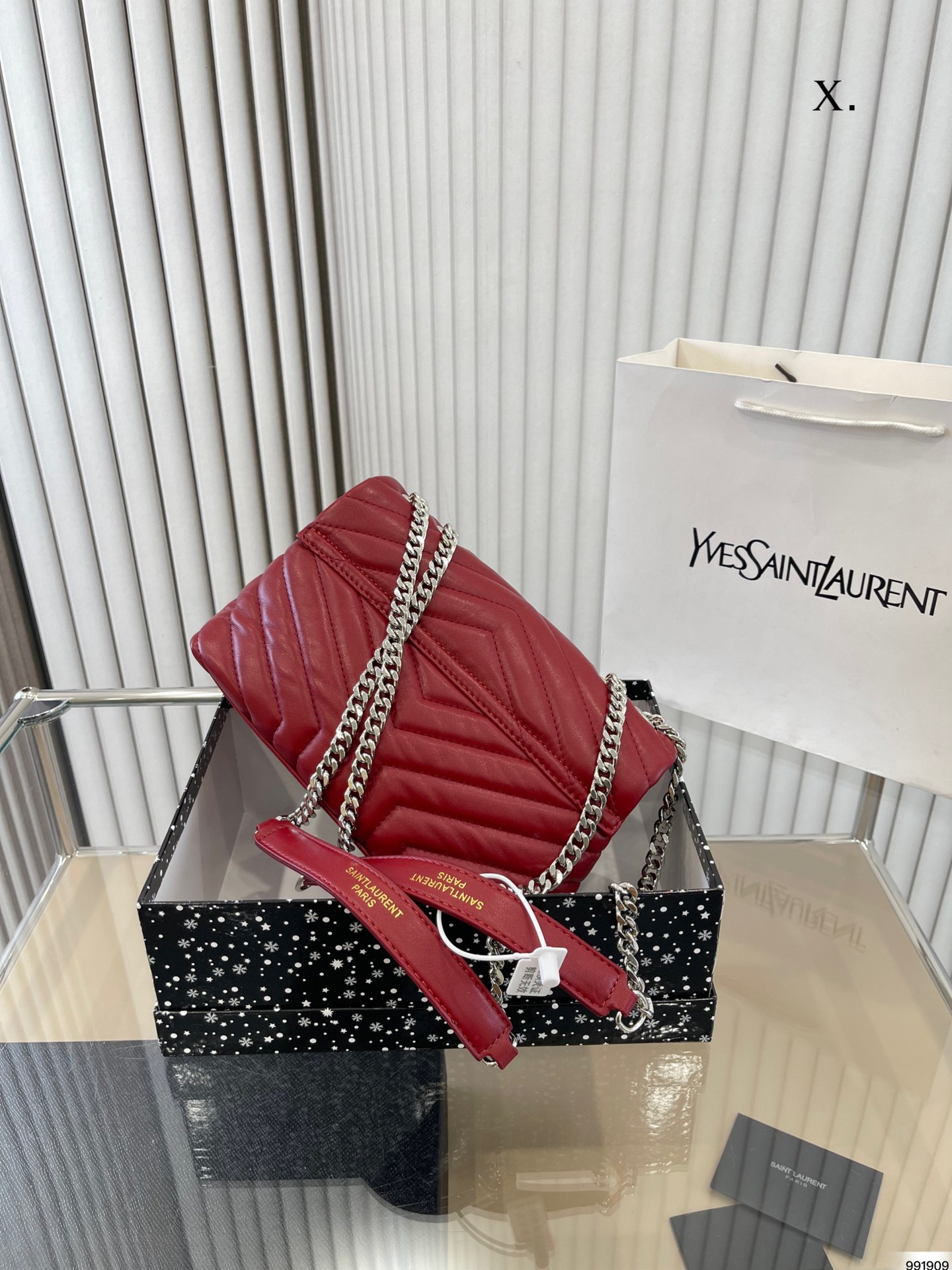 YSL LOULOU SMALL CHAIN BAG IN QUILTED "Y" LEATHER WINE RED