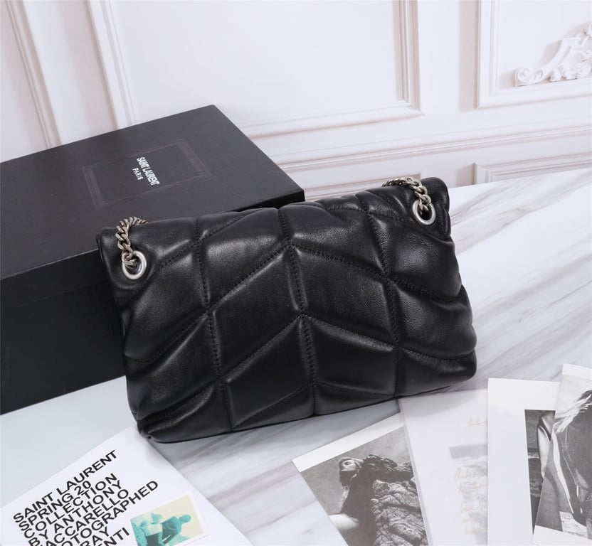 SAINT LAURENT PUFFER SMALL CHAIN BAG IN QUILTED LAMBSKIN BLACK SILVER
