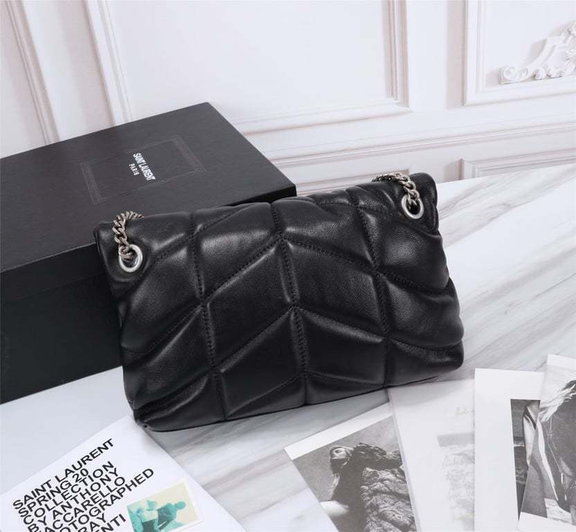 SAINT LAURENT PUFFER SMALL CHAIN BAG IN QUILTED LAMBSKIN BLACK SILVER