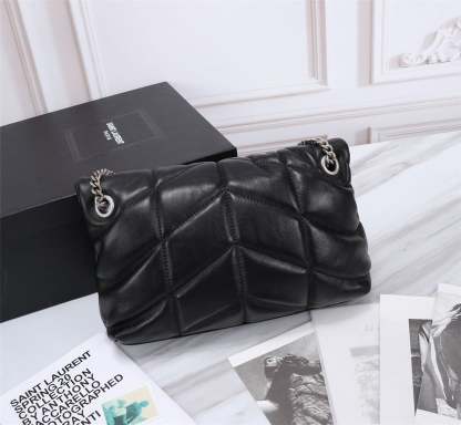 SAINT LAURENT PUFFER SMALL CHAIN BAG IN QUILTED LAMBSKIN BLACK SILVER