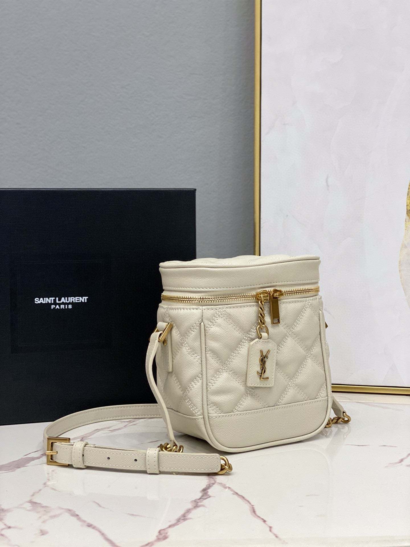 YSSL 80’s Vanity Bag In Carré-Quilted Grain De Poudre White For Women 6.4in/16.5cm YSL 649779DME279207