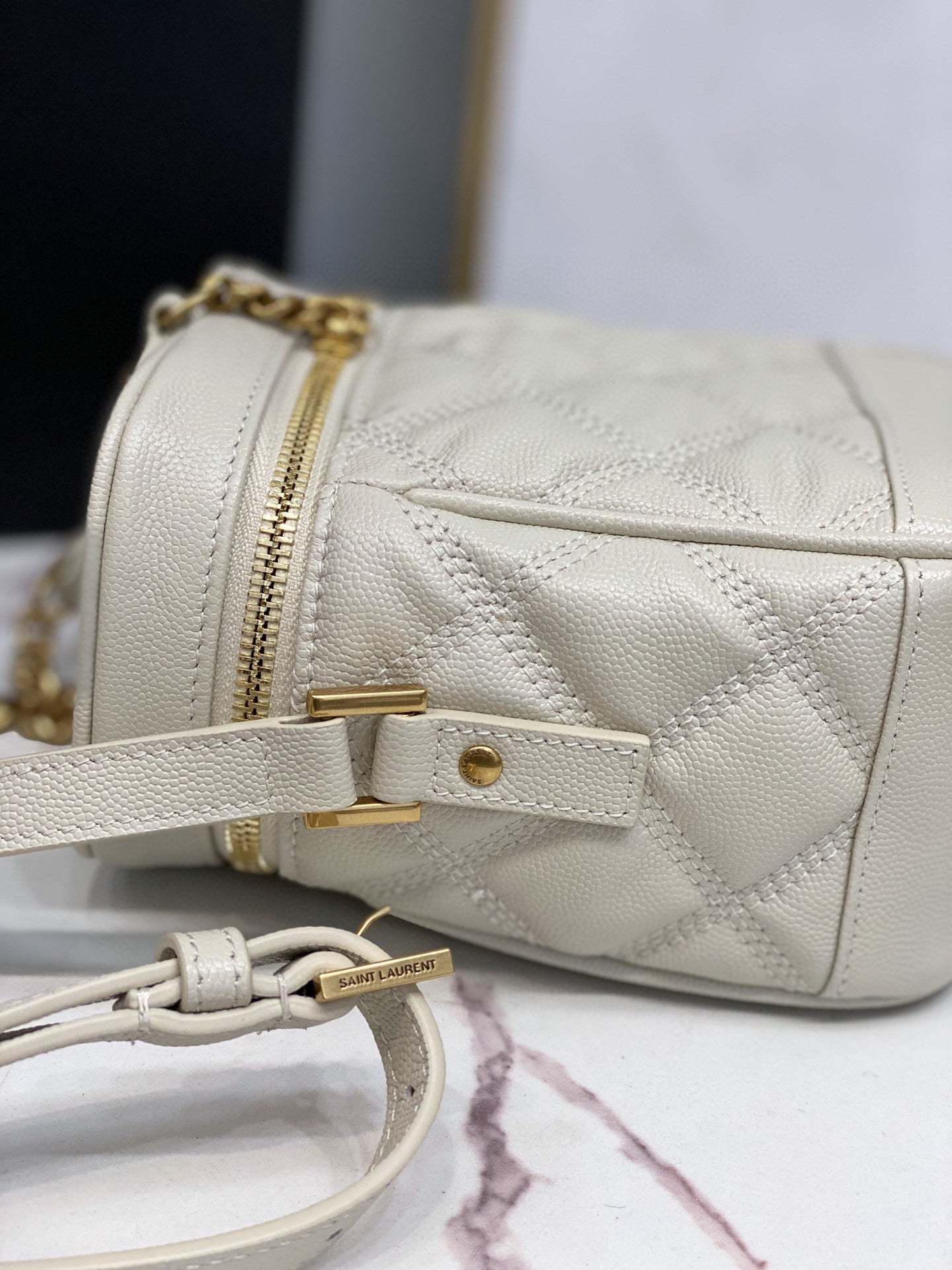 YSSL 80’s Vanity Bag In Carré-Quilted Grain De Poudre White For Women 6.4in/16.5cm YSL 649779DME279207