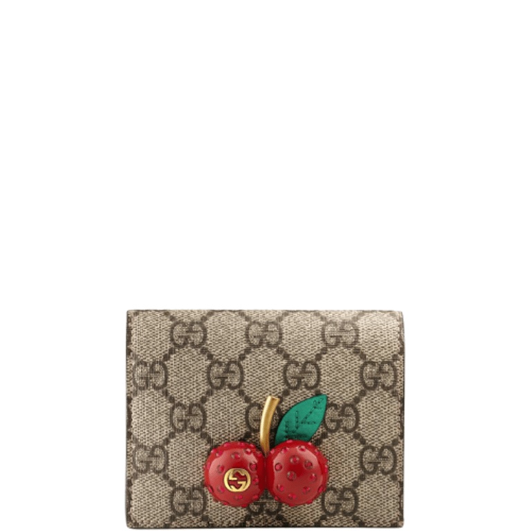 GG SUPREME CANVAS CARD CASE WALLET WITH CHERRIES RED LEATHER INSIDE 10CM 476050