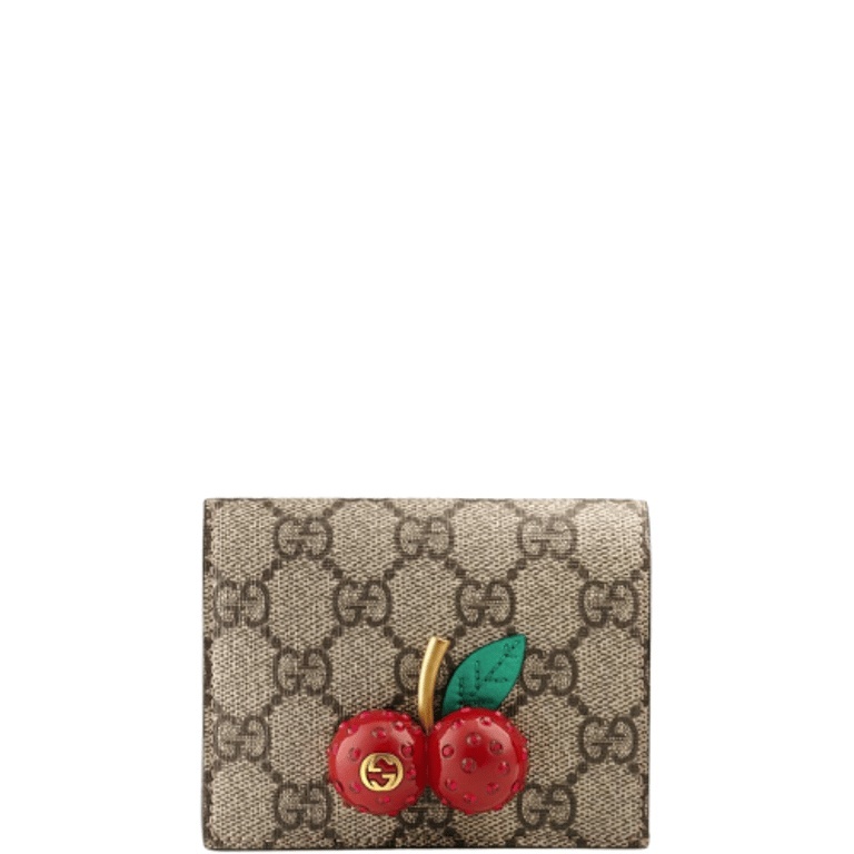 GG SUPREME CANVAS CARD CASE WALLET WITH CHERRIES RED LEATHER INSIDE 10CM 476050