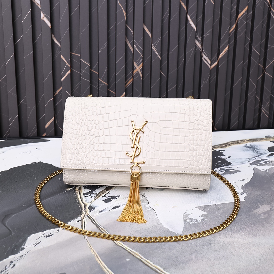 YSL KATE MEDIUM CHAIN BAG WITH TASSEL IN CROCODILE-EMBOSSED SHINY WHITE 354119DND0J9207