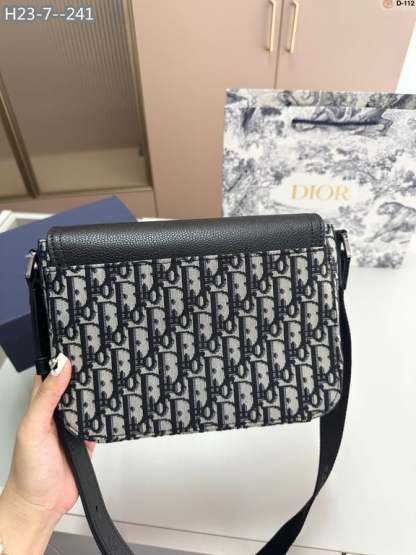 DIR MINI SADDLE BAG WITH STRAP BEIGE AND BLACK CD OBLIQUE JACQUARD AND BLACK GRAINED CALFSKIN 23CM