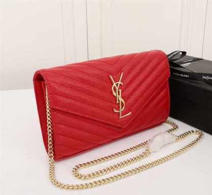 YSL CASSANDRE MATELASSÉ ENVELOPE CHAIN WALLET IN GRAIN DE POUDRE EMBOSSED LEATHER OPYUM RED 695108BOW016008