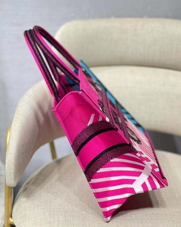DIR MEDIUM BOOK TOTE BRIGHT BLUE AND BRIGHT PINK D-JUNGLE POP EMBROIDERY 36CM