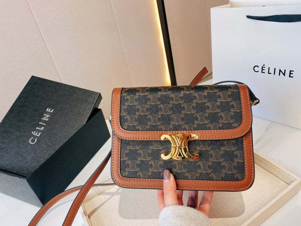 CE CLASSIQUE TRIOMPHE BAG IN TRIOMPHE CANVAS AND CALFSKIN TAN 22CM