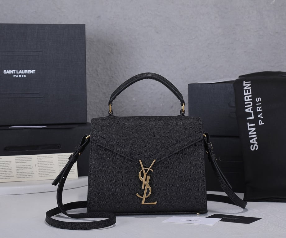 SAINT LAURENT CASSANDRA MINI TOP HANDLE BAG IN GRAIN DE POUDRE EMBOSSED BLACK GOLD 20CM
