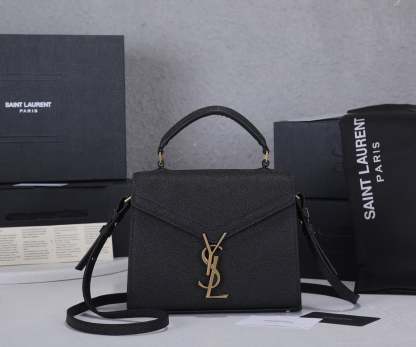 SAINT LAURENT CASSANDRA MINI TOP HANDLE BAG IN GRAIN DE POUDRE EMBOSSED BLACK GOLD 20CM