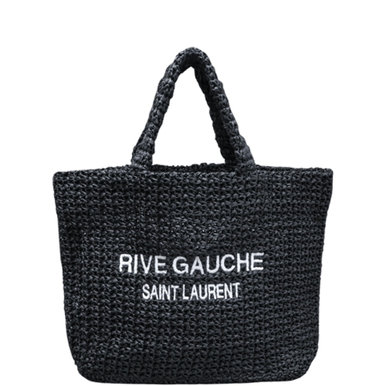 SAINT LAURENT BLACK TOTE RIVE GAUCHE RAFFIA CROCHET