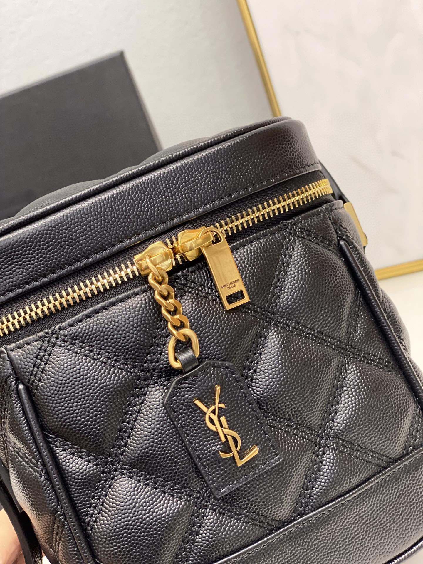 YSSL 80’s Vanity Bag In Carré-Quilted Grain De Poudre Black For Women 6.4in/16.5cm YSL 649779DME271000