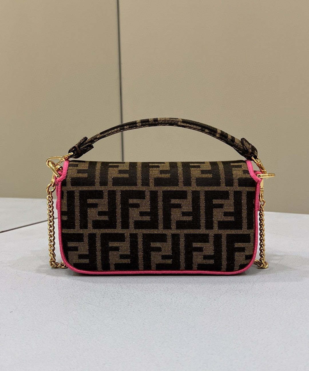 FI Baguette Small Brown Fabric Pink Border Bag For Woman 18cm/7in