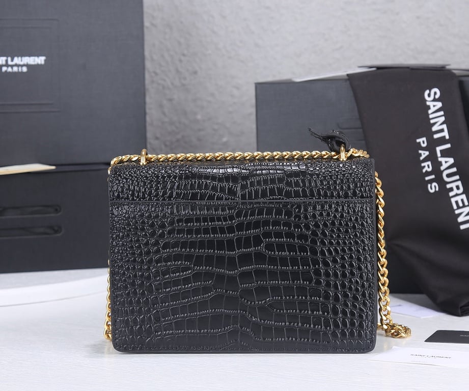 SAINT LAURENT SUNSET MEDIUM CHAIN GAB IN CROCODILE EMBOSSED SHINY BLACK GOLD 22CM