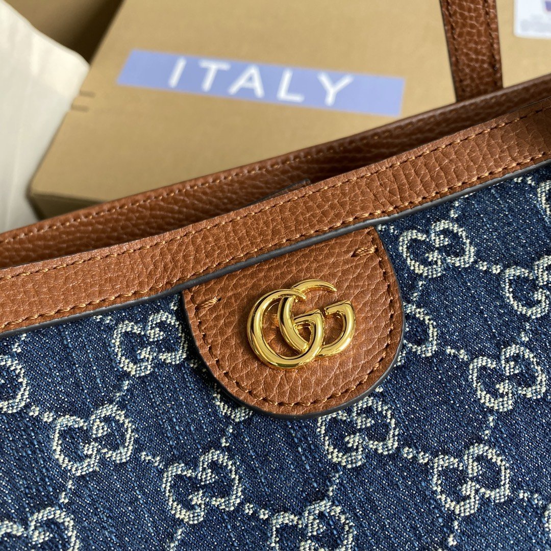 gg Ophidia gg Medium Tote Dark Blue And Ivory Eco Washed Organic gg Jacquard Denim  For Women 15in/38cm gg ‎631685 2KQgg 8375