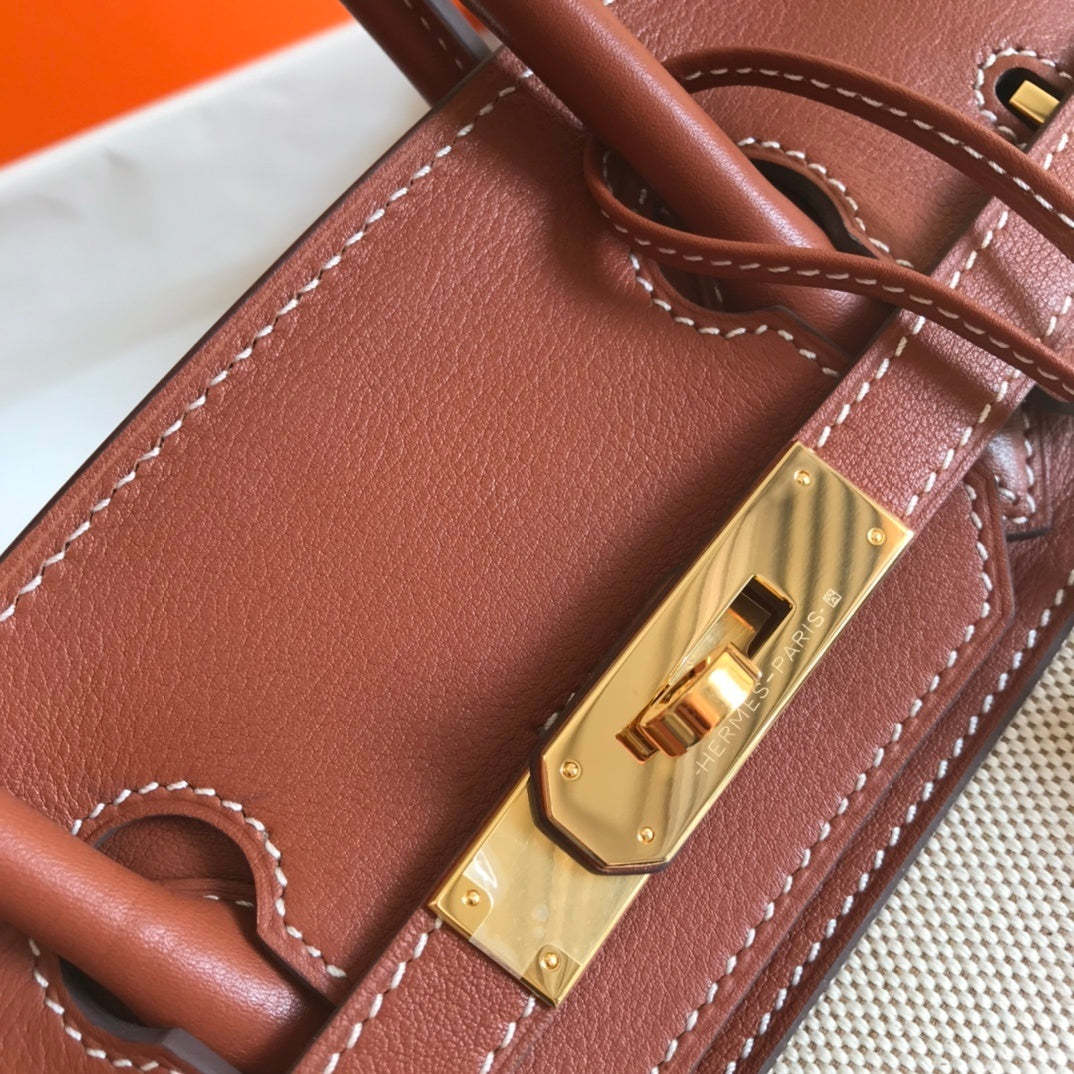 HM Birkin Bag Toile and Brown Barenia with Gold Hardware For Women, Handbags, Shoulder Bags 30cm/12in