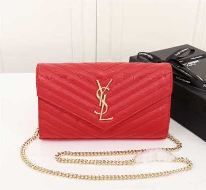 YSL CASSANDRE MATELASSÉ ENVELOPE CHAIN WALLET IN GRAIN DE POUDRE EMBOSSED LEATHER OPYUM RED 695108BOW016008