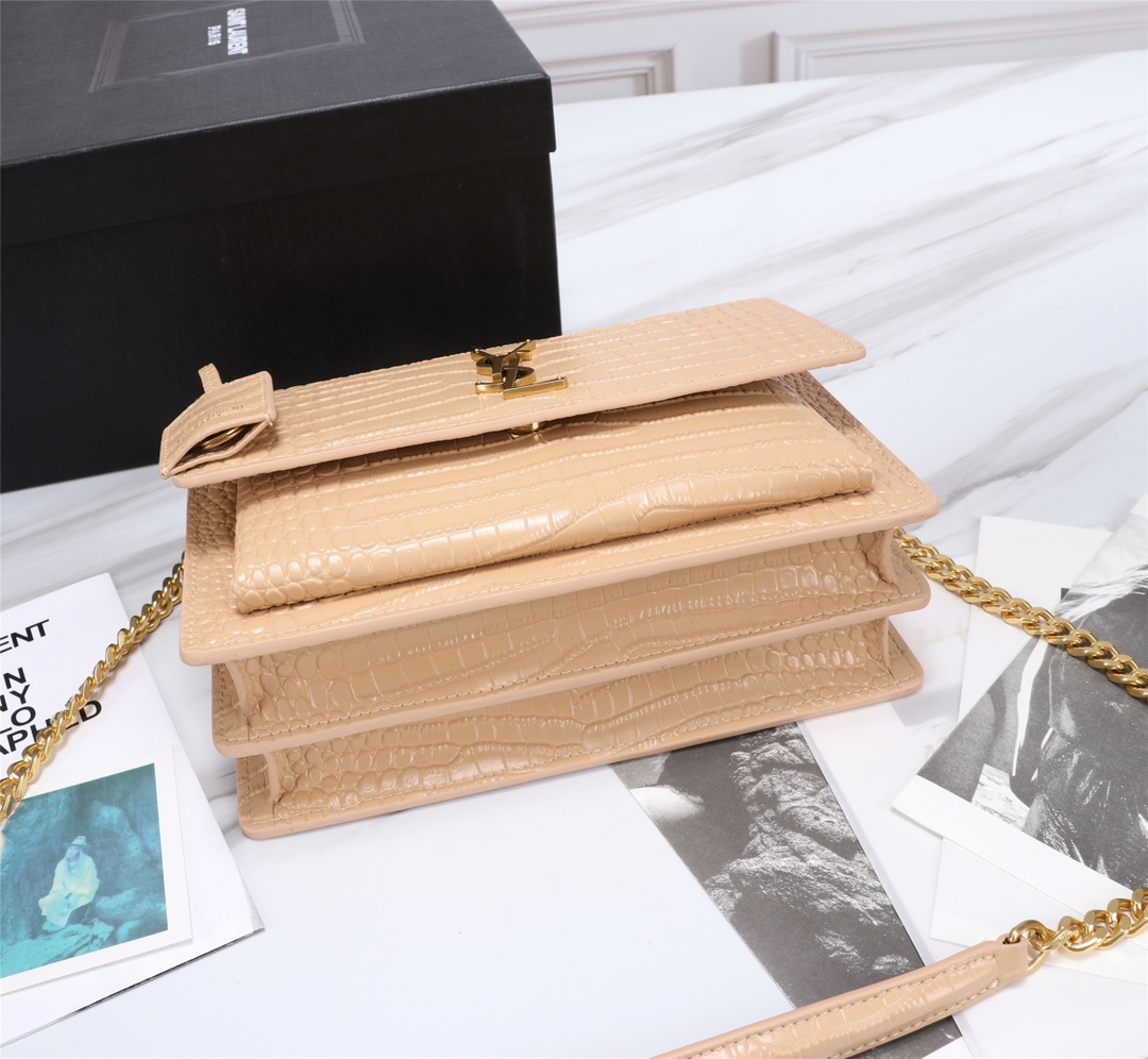 YSL SUNSET MEDIUM CHAIN BAG IN CROCODILE EMBOSSED SHINY APRICOT 22CM 442906DND0N9207