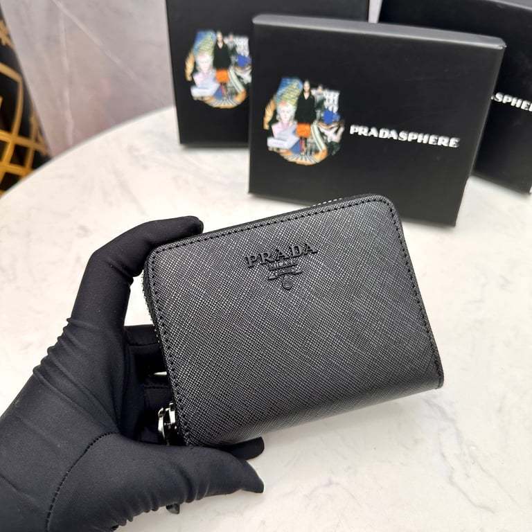 PR SAFFIANO LEATHER COIN PURSE FULL BLACK WALLET 10CM 1MM268 QWA F0016