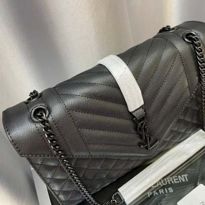 SAINT LAURENT ENVELOPE CHAIN BAG IN MIX MATELASSE GRAIN DE POUDRE EMBOSSED LEATHER BLACK 31CM