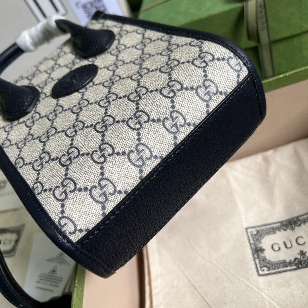 gg Mini Tote Bag With Interlocking G Beige And Blue gg Supreme Canvas For Women 7.8in/20cm 671623 K9GSN 4075