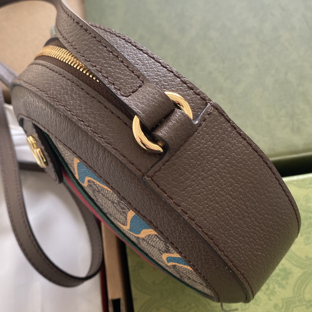 gg Round Shoulder Bag With Double G Beige And Ebony Supreme Canvas With Stripes And Flames Print Brown For Women 7,5in/19cm ‎574978 UQHNE 9885