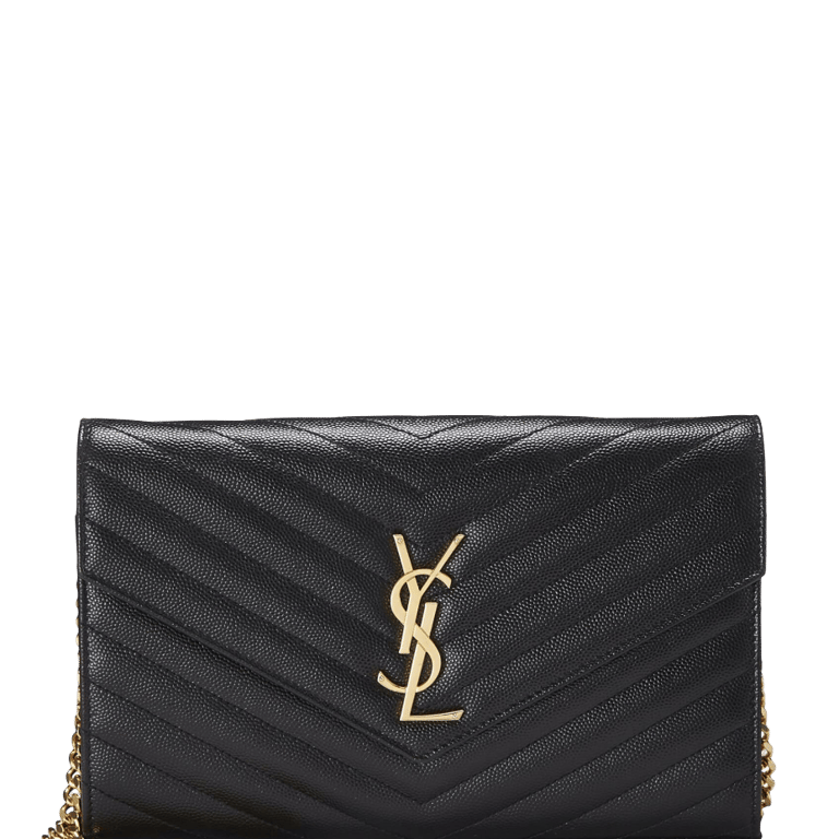 SAINT LAURENT CASSANDRE MATELASSE CHAIN WALLET IN GRAIN DE POUDRE EMBOSSED BLACK GOLD 22CM