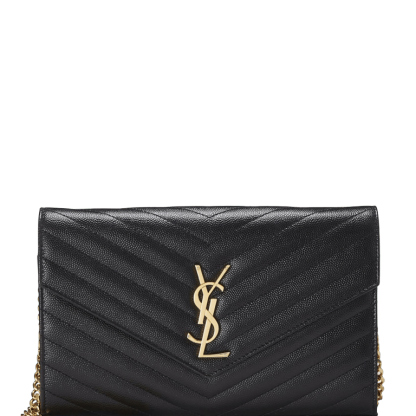 SAINT LAURENT CASSANDRE MATELASSE CHAIN WALLET IN GRAIN DE POUDRE EMBOSSED BLACK GOLD 22CM