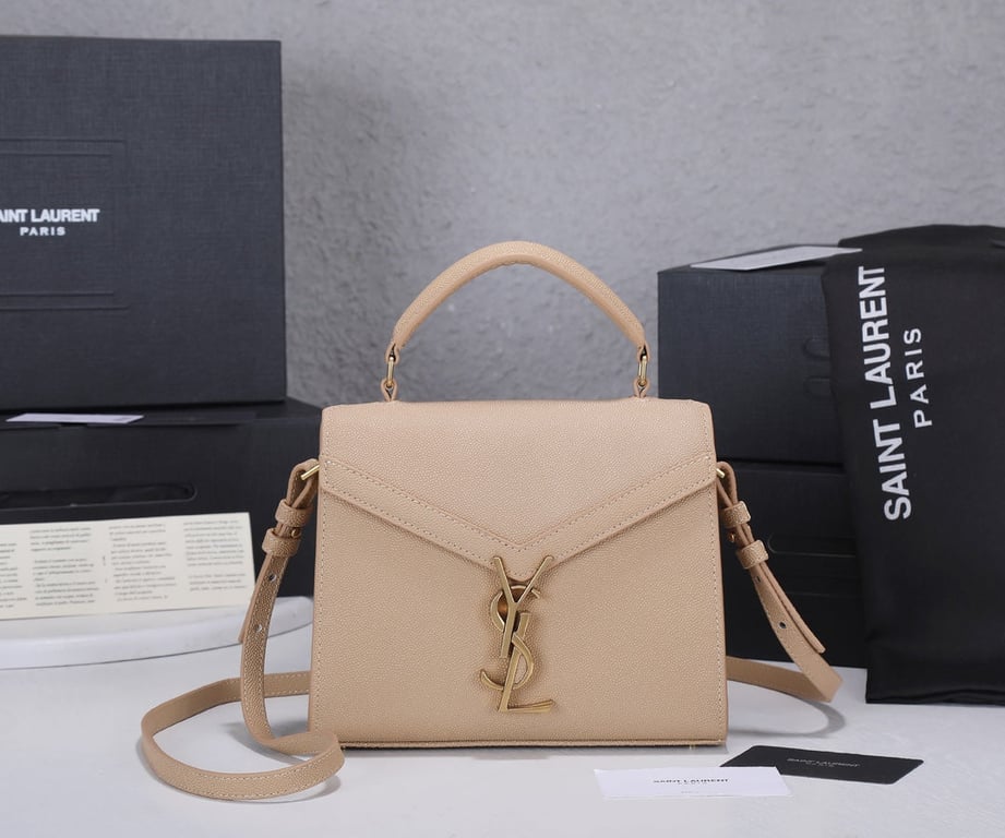 SAINT LAURENT CASSANDRA MINI TOP HANDLE BAG IN GRAIN DE POUDRE EMBOSSED DARK BEIGE 20CM