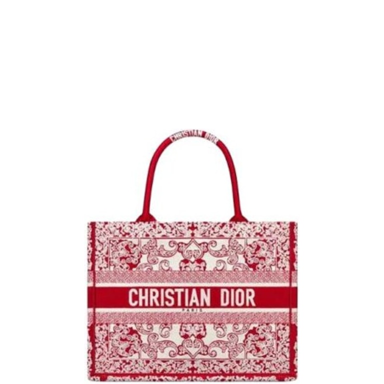 DIR MEDIUM BOOK TOTE BANDANA EMBROIDERY WHITE AND RED 35 CM