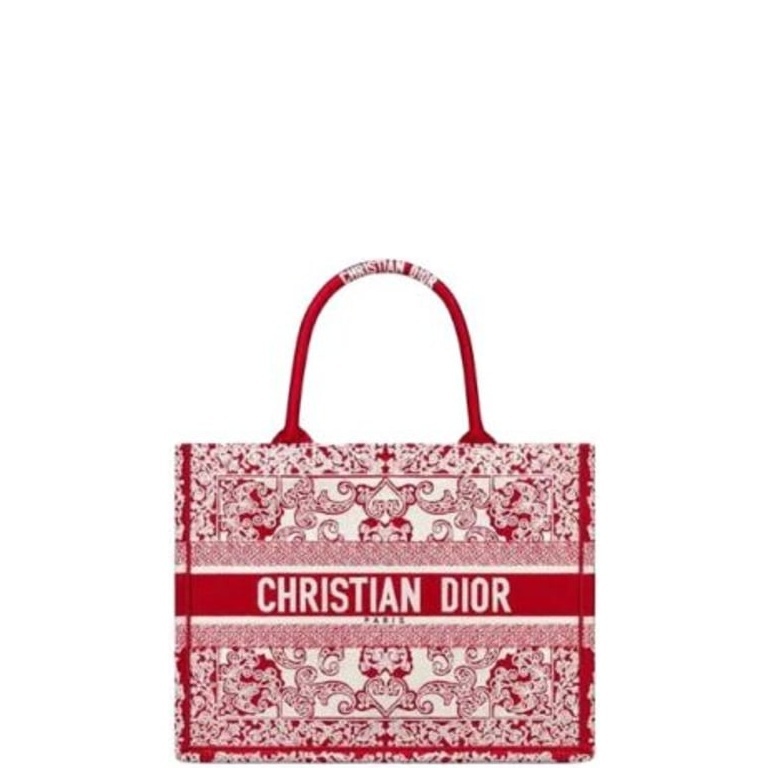 DIR MEDIUM BOOK TOTE BANDANA EMBROIDERY WHITE AND RED 35 CM