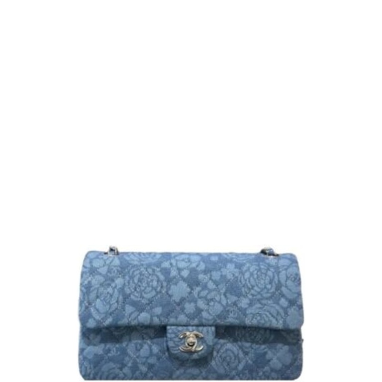 CHL DOUBLE FLAP BAG FLOWER DENIM BLUE 25CM
