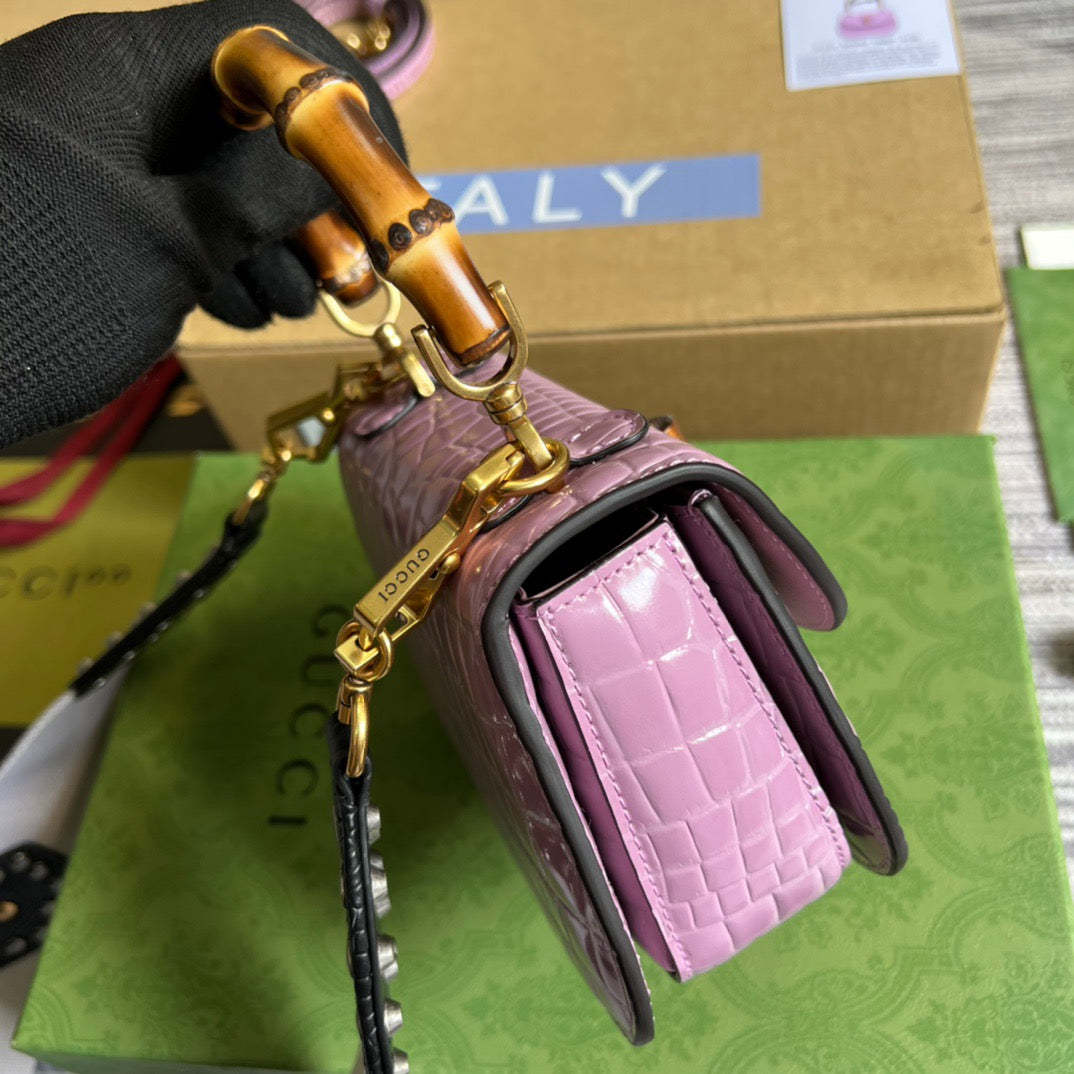 gg Bamboo 1947 Crocodile Mini Top Handle Bag Pink For Women, Women’s Bags 6.7in/17cm gg