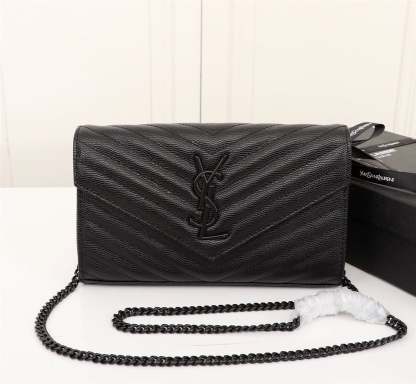 SAINT LAURENT CASSANDRE MATELASSE CHAIN WALLET IN GRAIN DE POUDRE EMBOSSED BLACK NOIR 22CM
