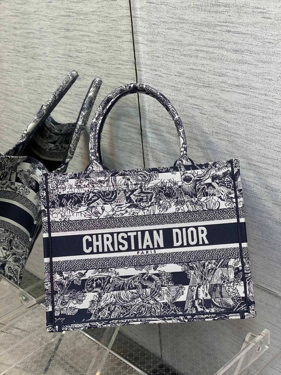 DIR 36CM NAVY BLUE TOILE DE JOUY STRIPES EMBROIDERY MEDIUM BOOK TOTE
