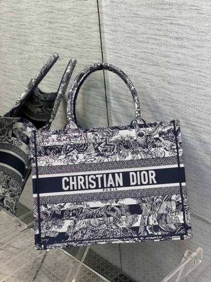 DIR 36CM NAVY BLUE TOILE DE JOUY STRIPES EMBROIDERY MEDIUM BOOK TOTE