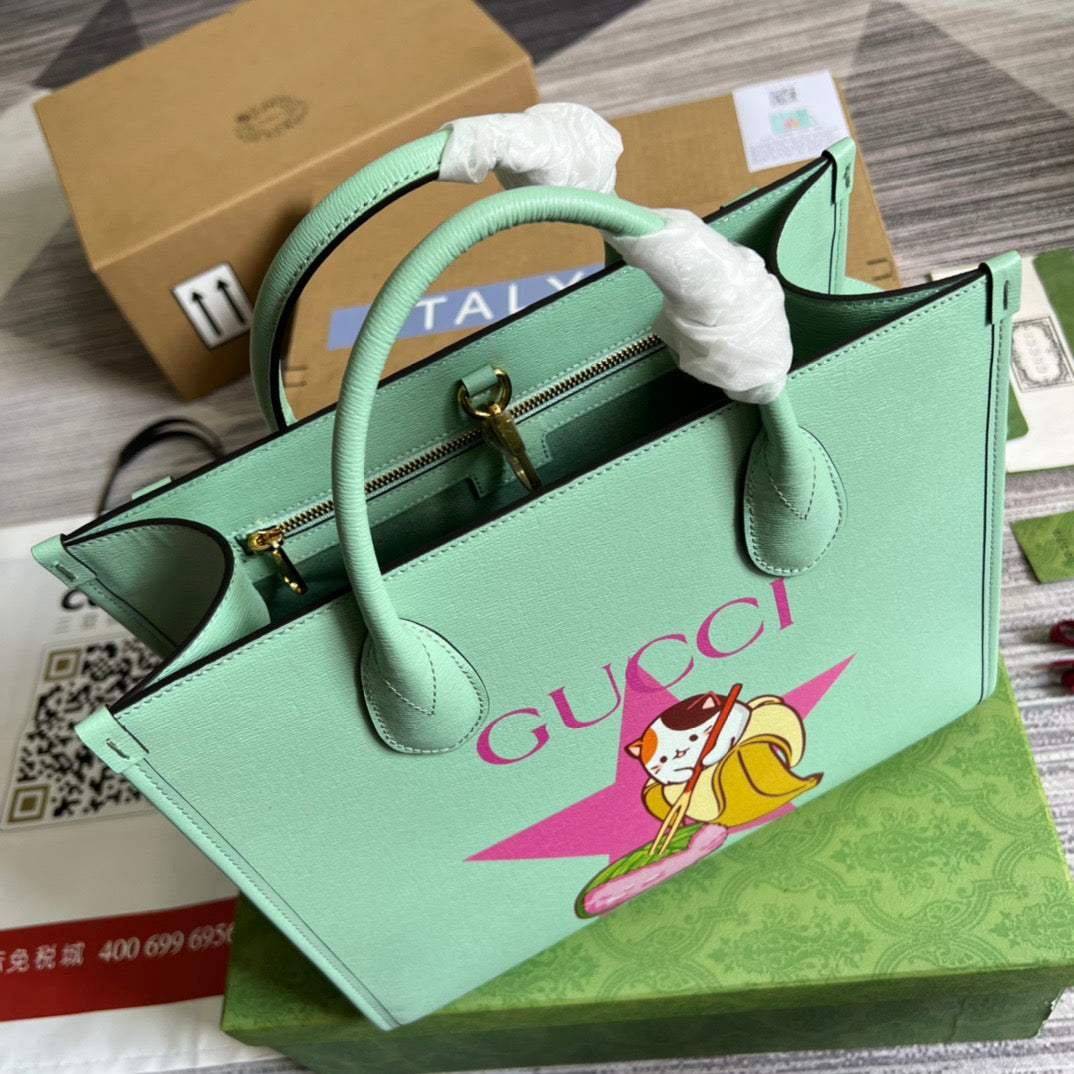 gg Bananya Print Small Tote Green For Women, Women’s Bags 12.2in/31cm gg 659983 U22AG 3067